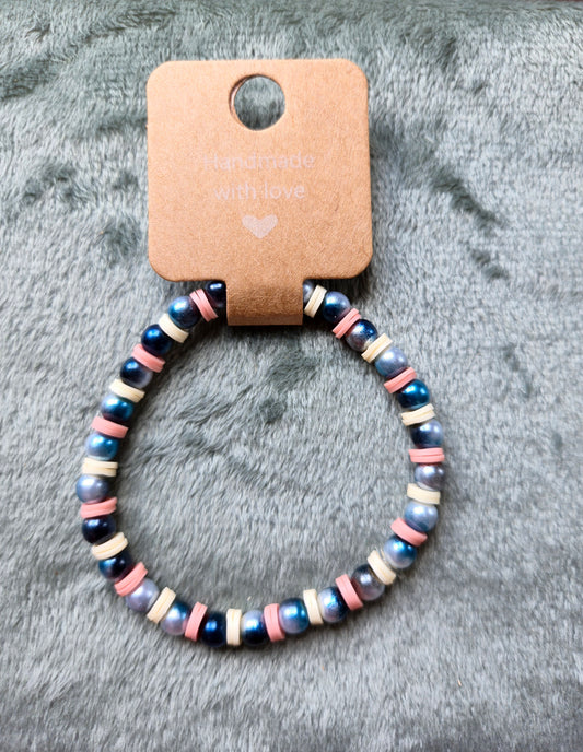 Blue, white and pink beaded bracelet