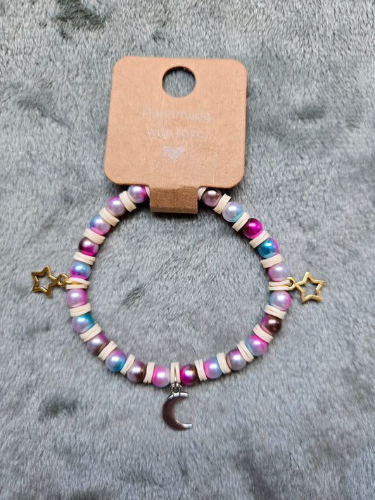 Multicolored beaded bracelet with moon and star charms