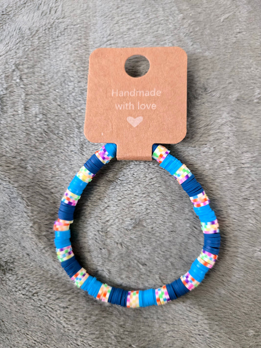 Blue and multicolored clay beaded bracelet
